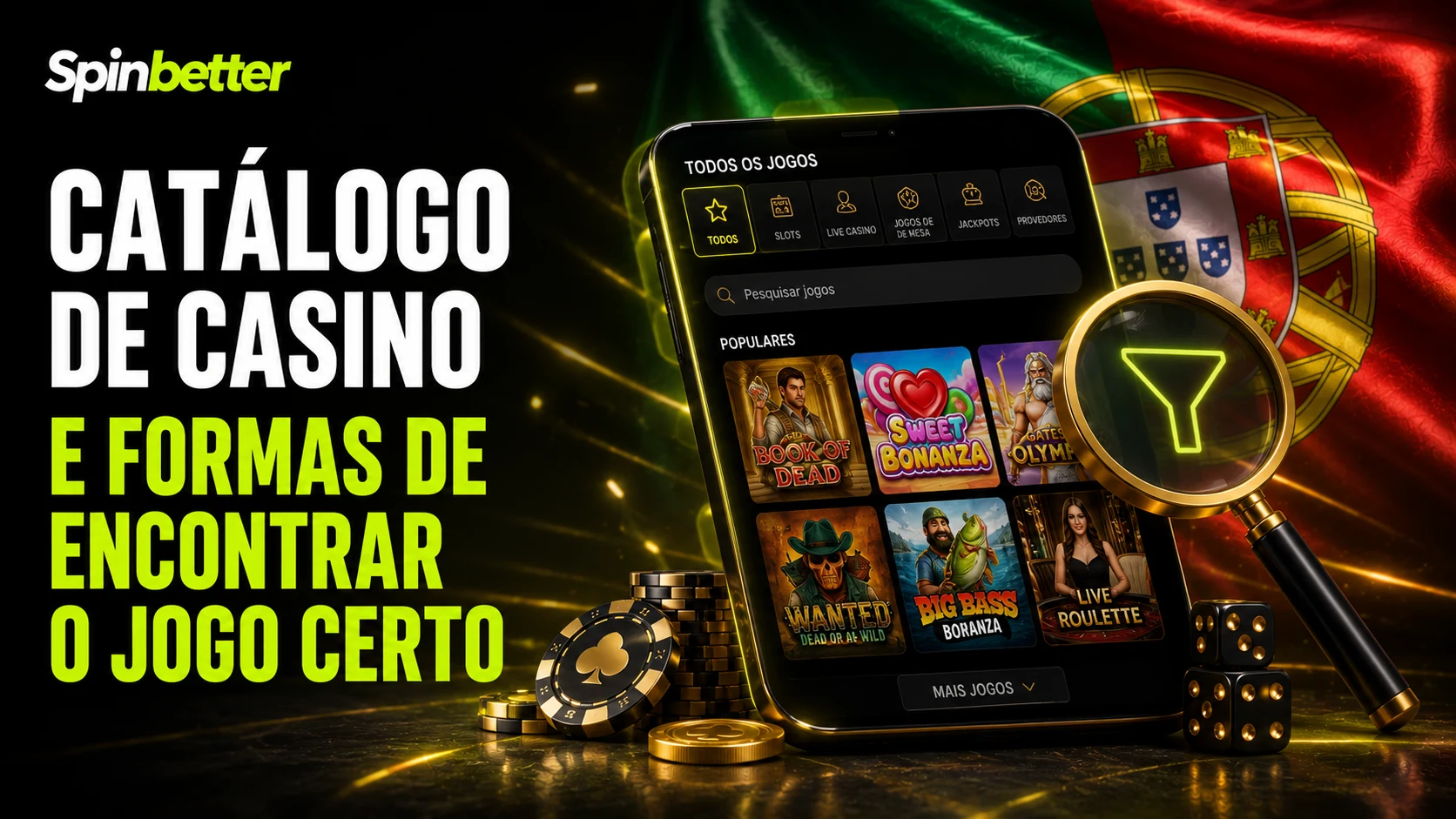 Catálogo do casino SpinBetter com os filtros de procura e as categorias